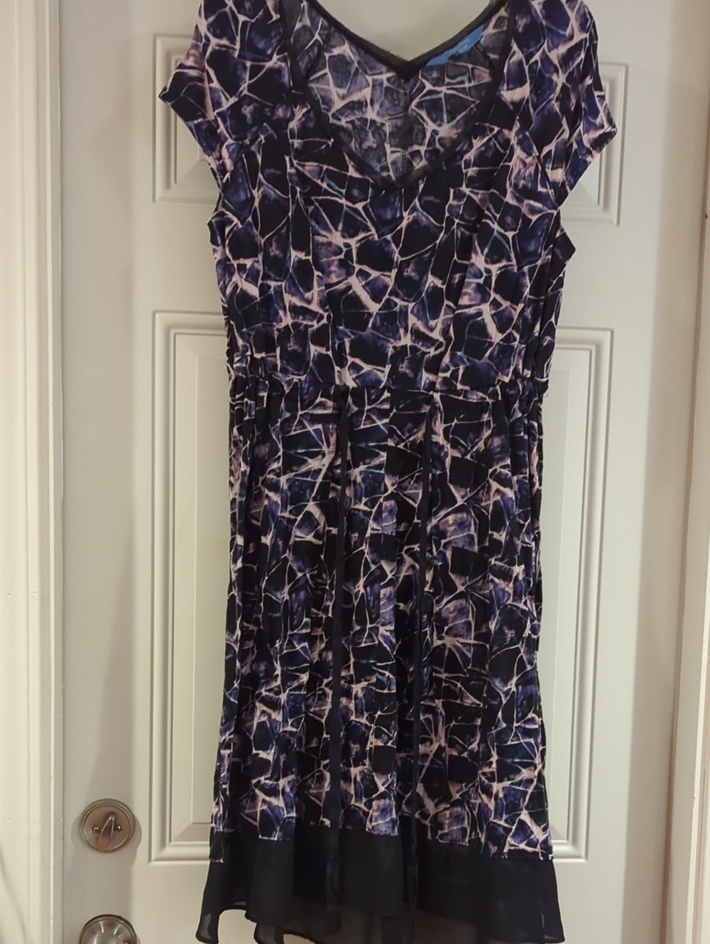 Black And Purple Geometric Pattern Dress With Sheer Hem, Elastic Waist.